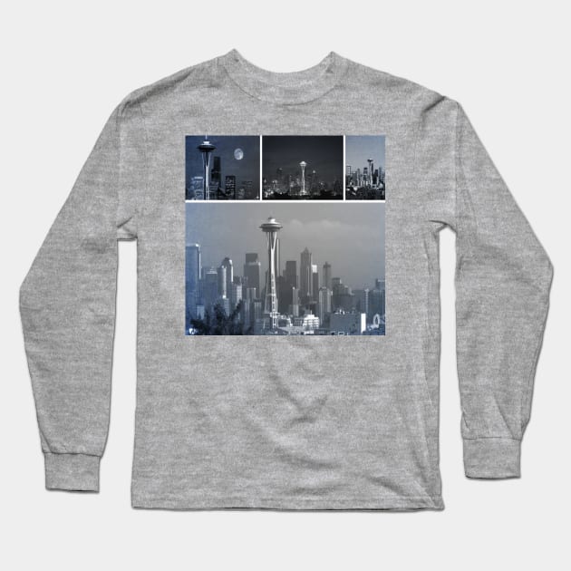 Grey Seattle Space Needle Collage Long Sleeve T-Shirt by Christine aka stine1